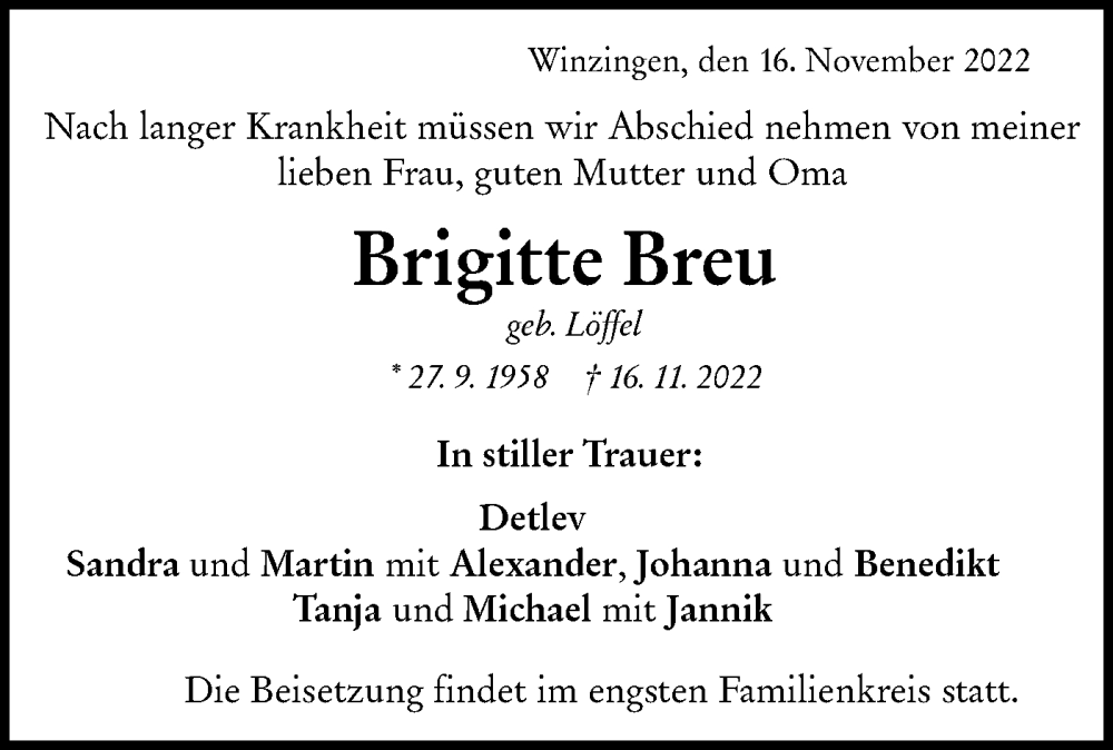  Traueranzeige für Brigitte Breu vom 21.11.2022 aus NWZ Neue Württembergische Zeitung
