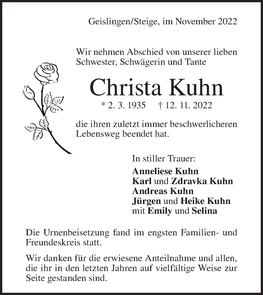  Traueranzeige für Christa Kuhn vom 25.11.2022 aus Geislinger Zeitung