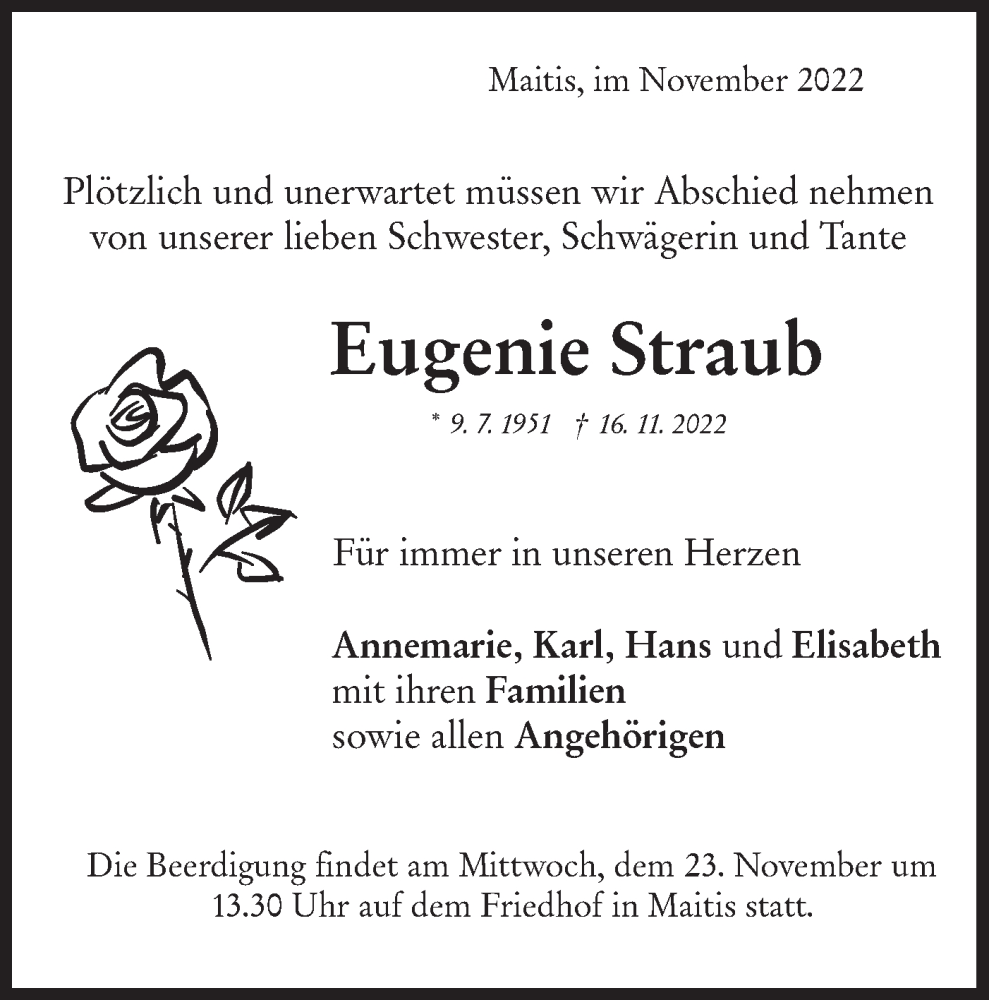  Traueranzeige für Eugenie Straub vom 22.11.2022 aus NWZ Neue Württembergische Zeitung
