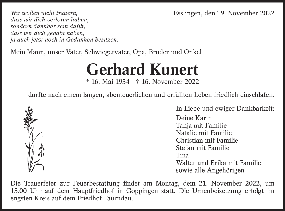  Traueranzeige für Gerhard Kunert vom 19.11.2022 aus NWZ Neue Württembergische Zeitung