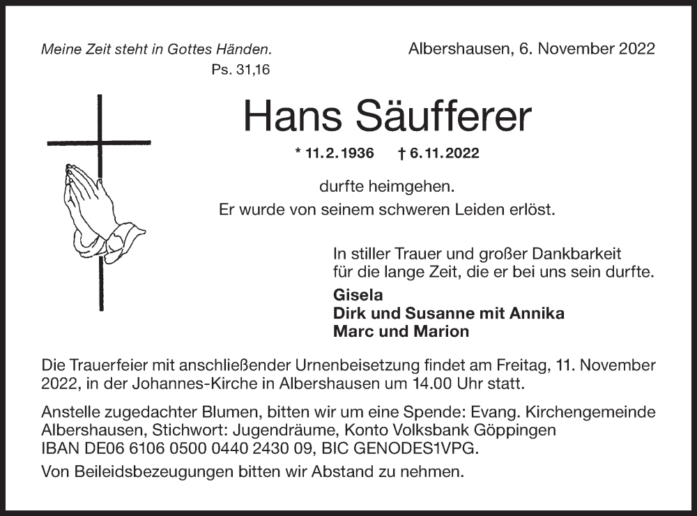  Traueranzeige für Hans Säufferer vom 09.11.2022 aus NWZ Neue Württembergische Zeitung