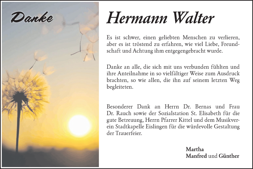  Traueranzeige für Hermann Walter vom 24.11.2022 aus NWZ Neue Württembergische Zeitung