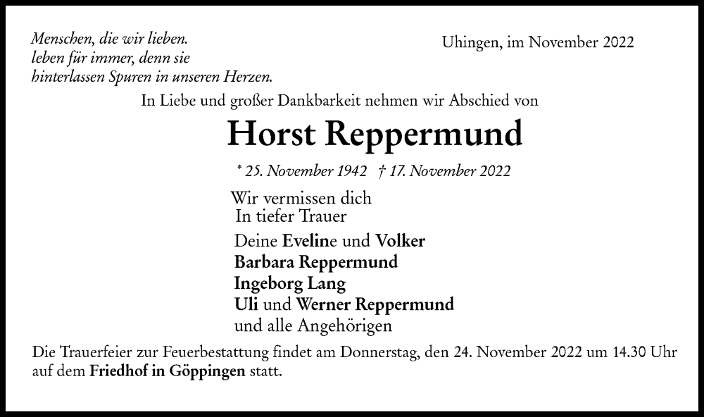  Traueranzeige für Horst Reppermund vom 22.11.2022 aus NWZ Neue Württembergische Zeitung