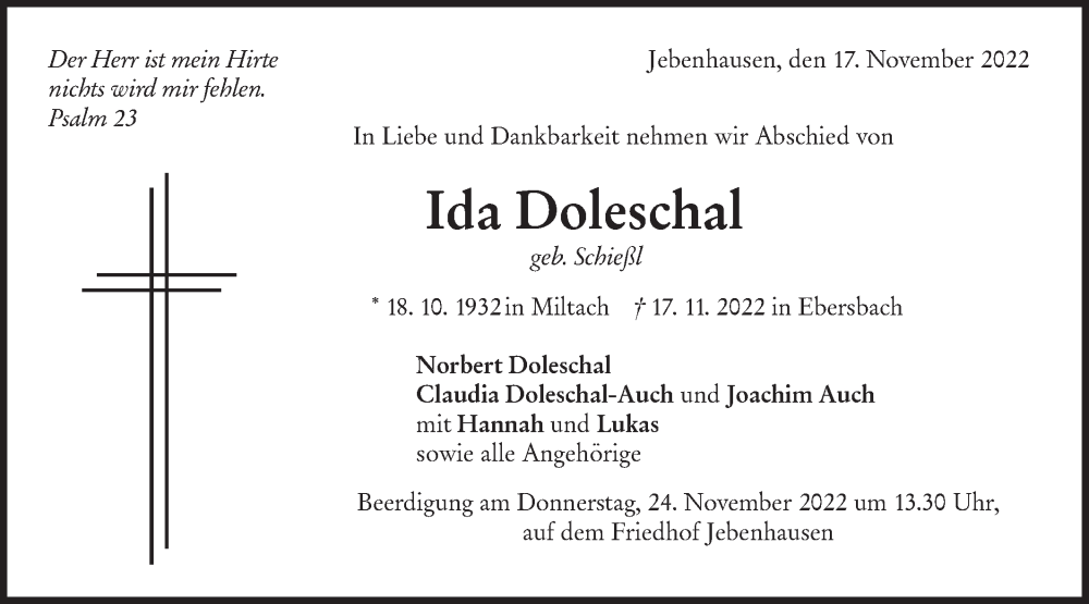 Traueranzeige für Ida Doleschal vom 19.11.2022 aus NWZ Neue Württembergische Zeitung