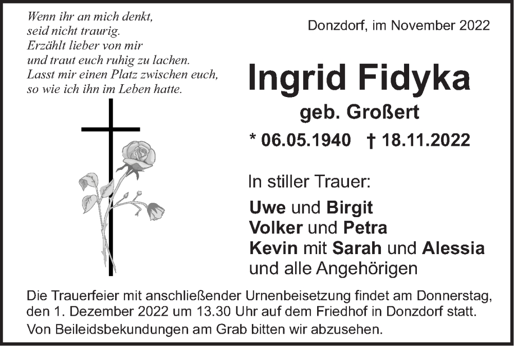  Traueranzeige für Ingrid Fidyka vom 23.11.2022 aus NWZ Neue Württembergische Zeitung
