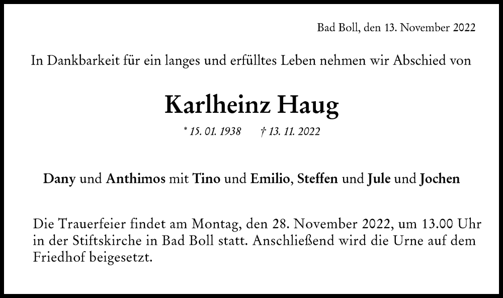  Traueranzeige für Karlheinz Haug vom 19.11.2022 aus NWZ Neue Württembergische Zeitung