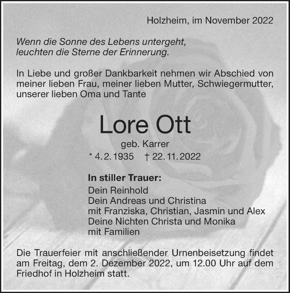  Traueranzeige für Lore Ott vom 26.11.2022 aus NWZ Neue Württembergische Zeitung