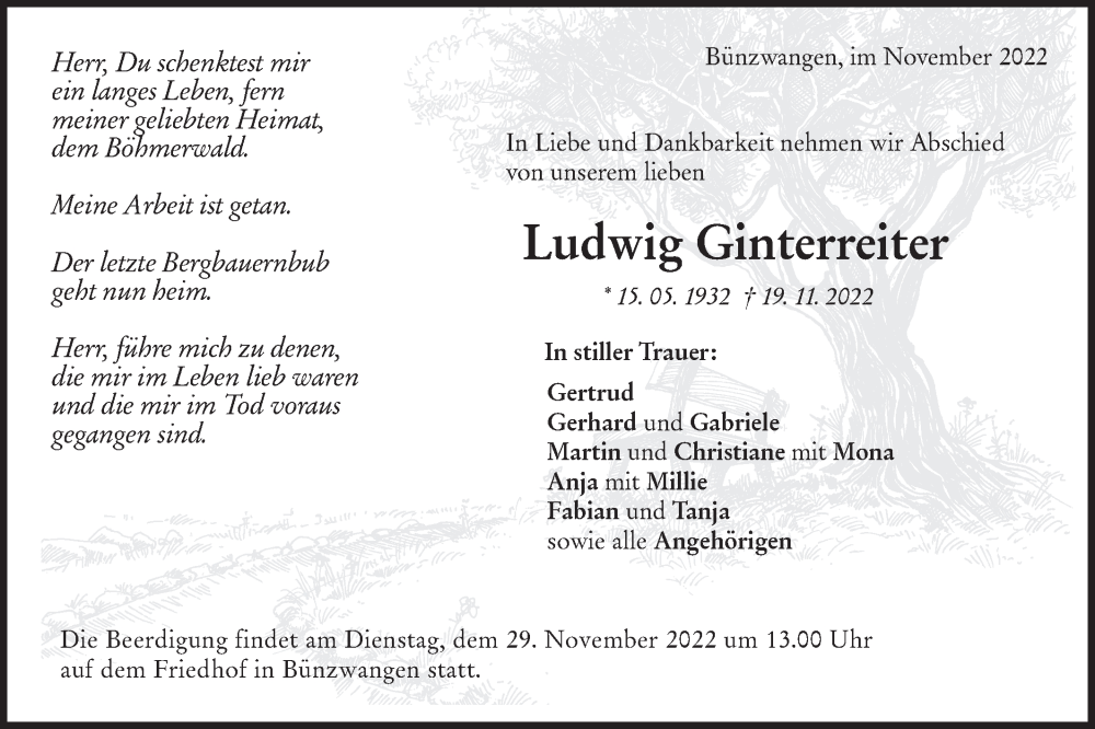  Traueranzeige für Ludwig Ginterreiter vom 23.11.2022 aus NWZ Neue Württembergische Zeitung