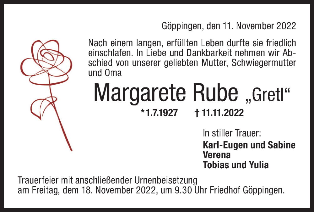  Traueranzeige für Margarete Rube vom 16.11.2022 aus NWZ Neue Württembergische Zeitung