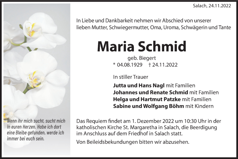  Traueranzeige für Maria Schmid vom 29.11.2022 aus NWZ Neue Württembergische Zeitung