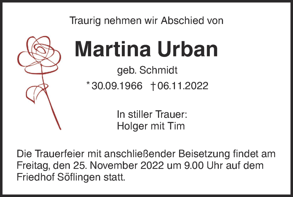  Traueranzeige für Martina Urban vom 12.11.2022 aus SÜDWEST PRESSE Ausgabe Ulm/Neu-Ulm