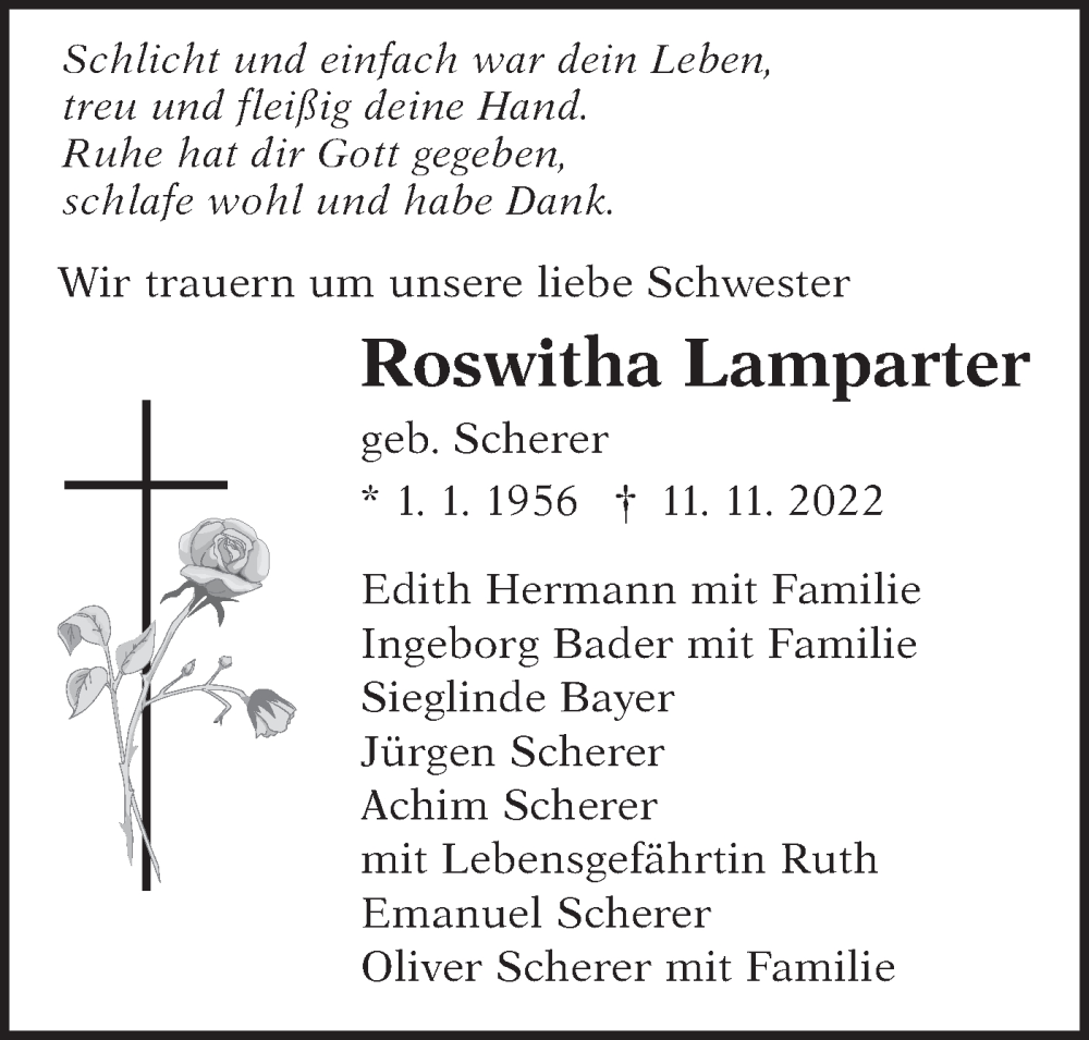 Traueranzeige für Roswitha Lamparter vom 24.11.2022 aus Alb-Bote/Metzinger-Uracher Volksblatt