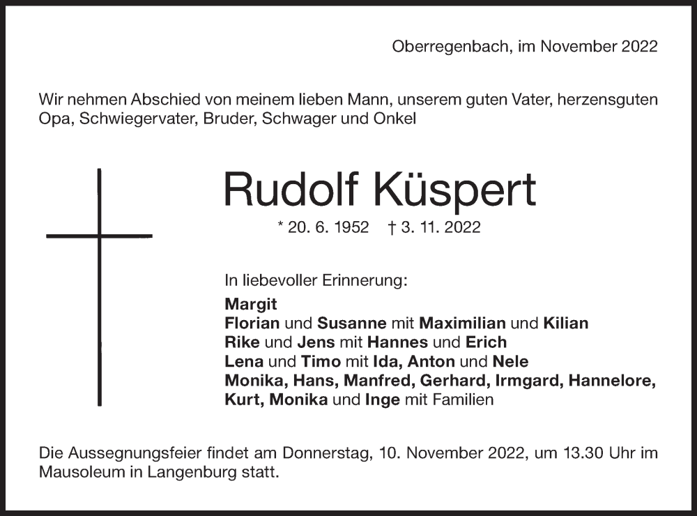  Traueranzeige für Rudolf Küspert vom 08.11.2022 aus Hohenloher Tagblatt