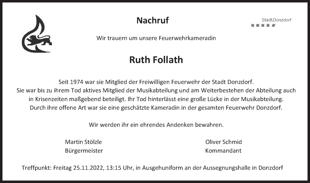  Traueranzeige für Ruth Follath vom 21.11.2022 aus NWZ Neue Württembergische Zeitung