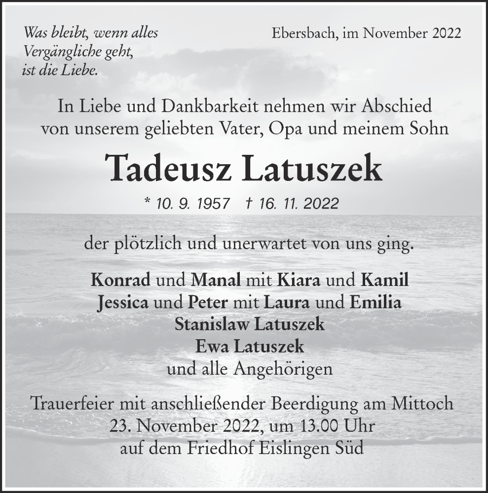  Traueranzeige für Tadeusz Latuszek vom 18.11.2022 aus NWZ Neue Württembergische Zeitung