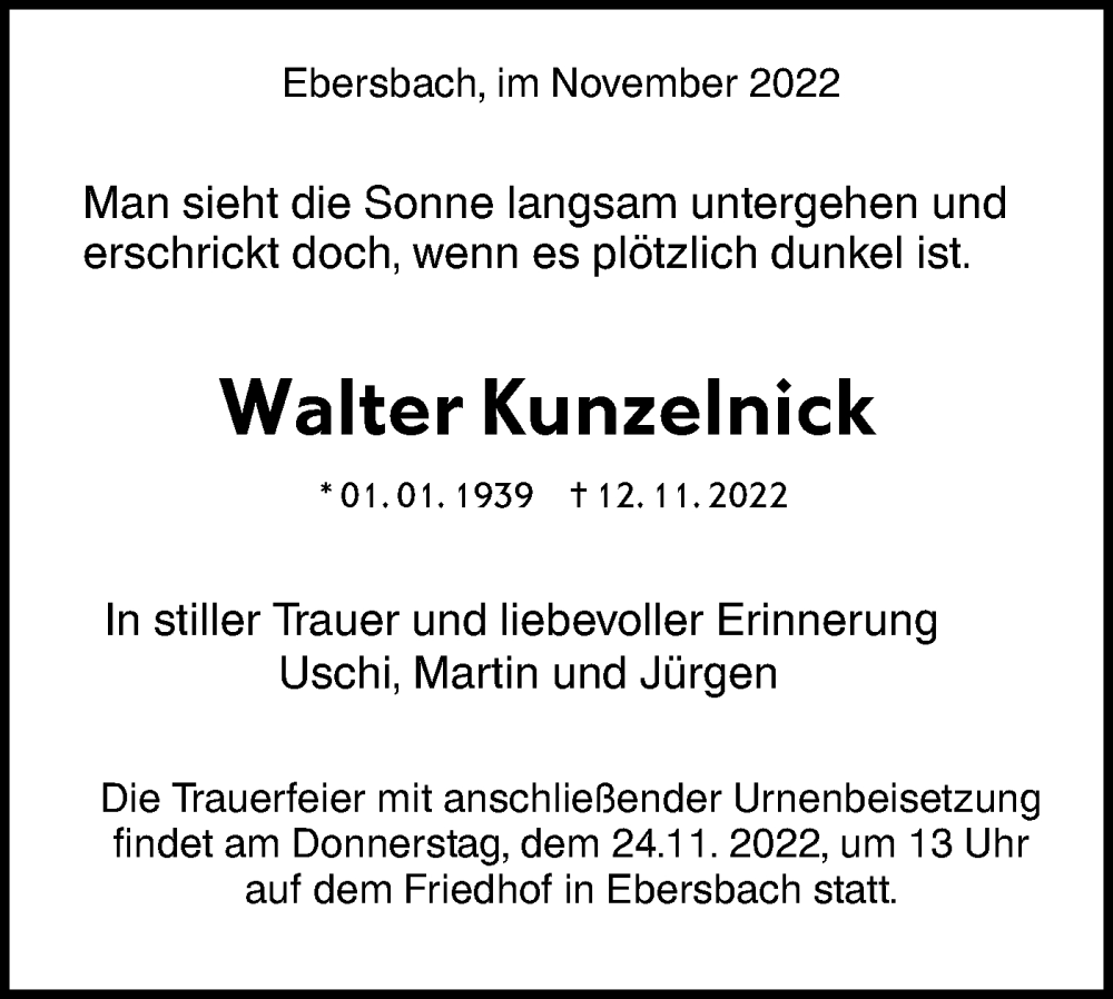  Traueranzeige für Walter Kunzelnick vom 19.11.2022 aus NWZ Neue Württembergische Zeitung