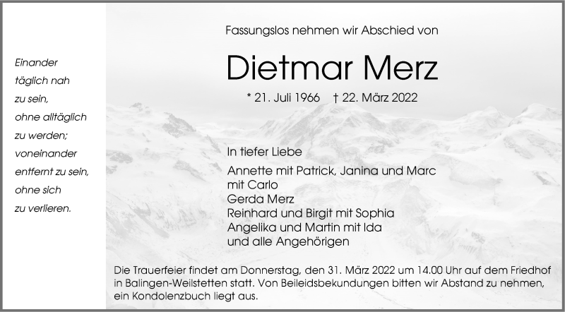  Traueranzeige für Dietmar Merz vom 29.03.2022 aus Metzinger-Uracher Volksblatt