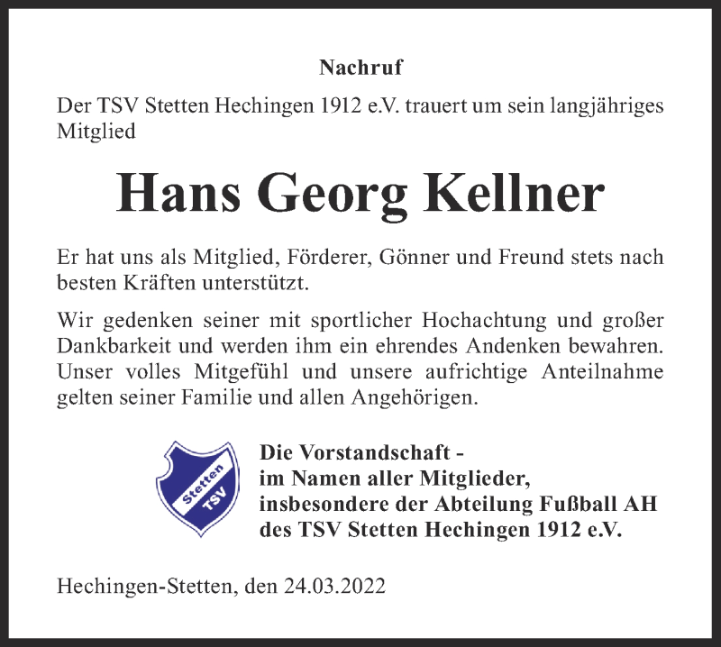  Traueranzeige für Hans Georg Kellner vom 24.03.2022 aus Metzinger-Uracher Volksblatt