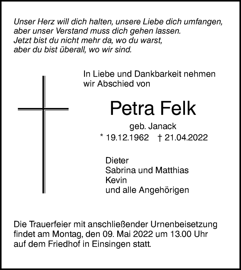  Traueranzeige für Petra Felk vom 30.04.2022 aus SÜDWEST PRESSE Ausgabe Ulm/Neu-Ulm