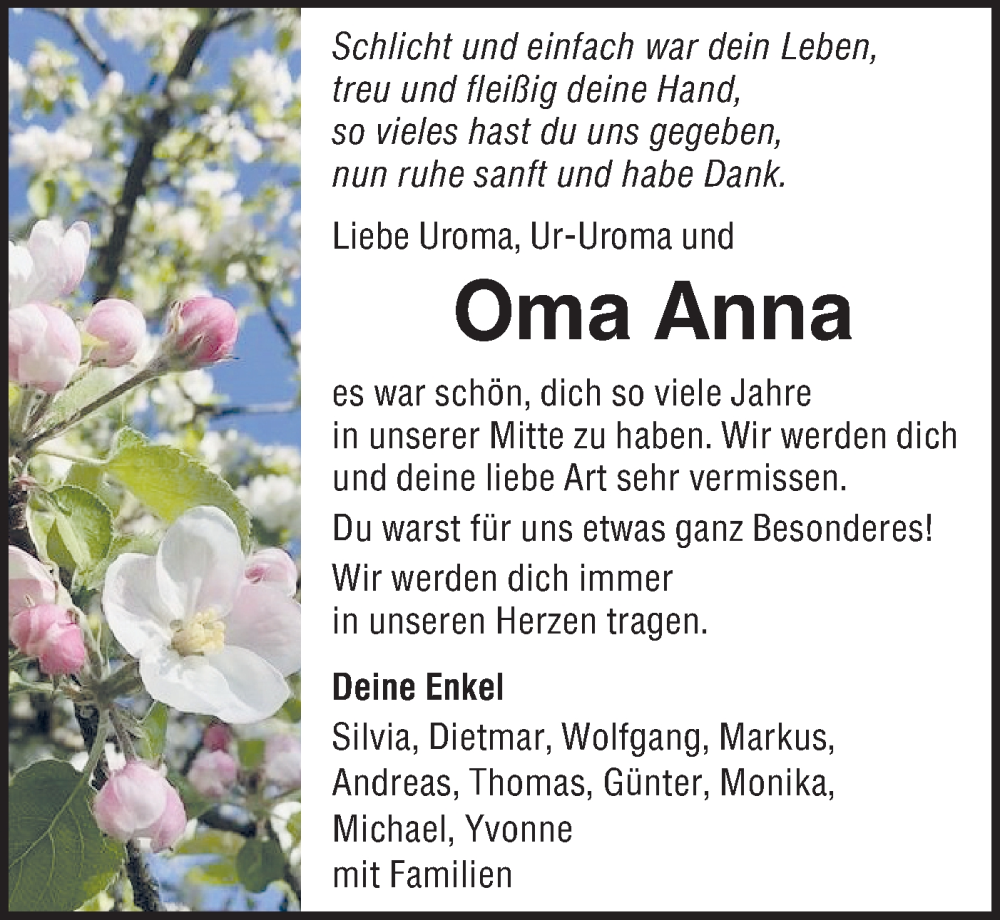  Traueranzeige für Anna  vom 28.05.2022 aus Alb-Bote/Metzinger-Uracher Volksblatt