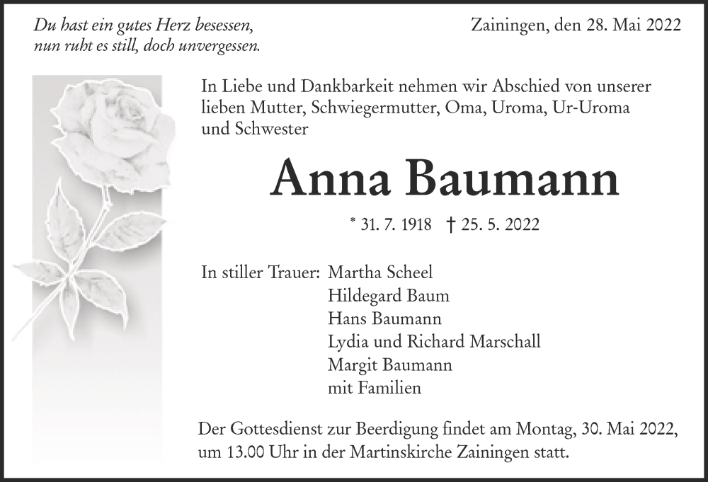  Traueranzeige für Anna Baumann vom 28.05.2022 aus Alb-Bote/Metzinger-Uracher Volksblatt