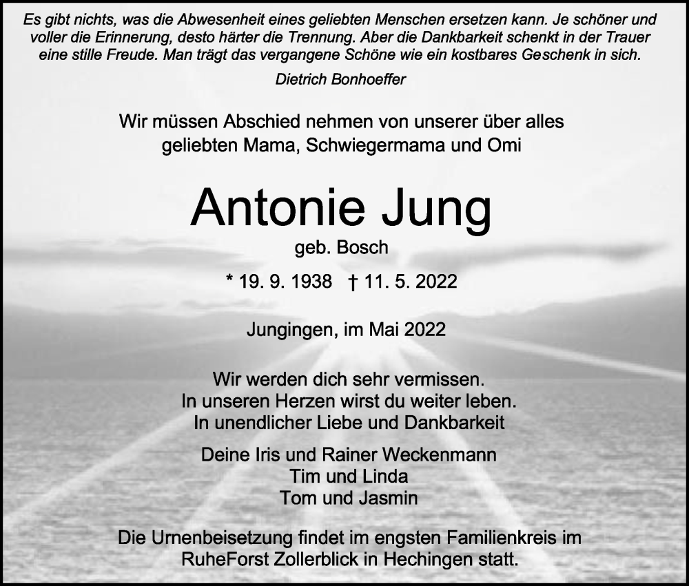  Traueranzeige für Antonie Jung vom 14.05.2022 aus Metzinger-Uracher Volksblatt