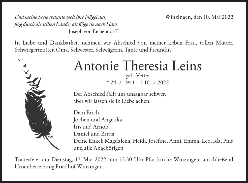  Traueranzeige für Antonie Theresia Leins vom 14.05.2022 aus NWZ Neue Württembergische Zeitung/Geislinger Zeitung