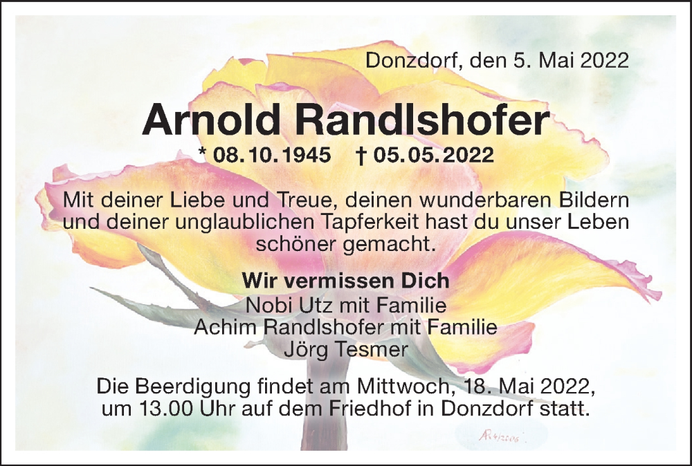  Traueranzeige für Arnold Randlshofer vom 07.05.2022 aus NWZ Neue Württembergische Zeitung/Geislinger Zeitung