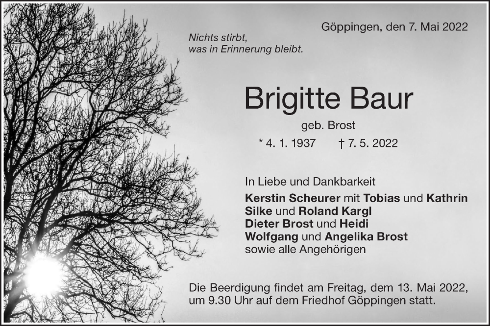  Traueranzeige für Brigitte Baur vom 11.05.2022 aus NWZ Neue Württembergische Zeitung
