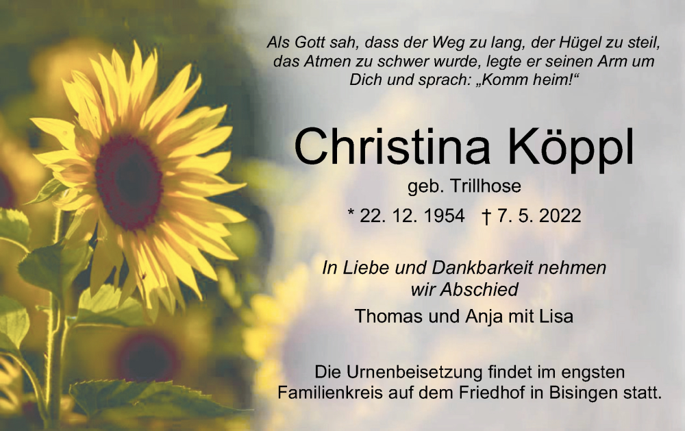  Traueranzeige für Christina Köppl vom 11.05.2022 aus Metzinger-Uracher Volksblatt