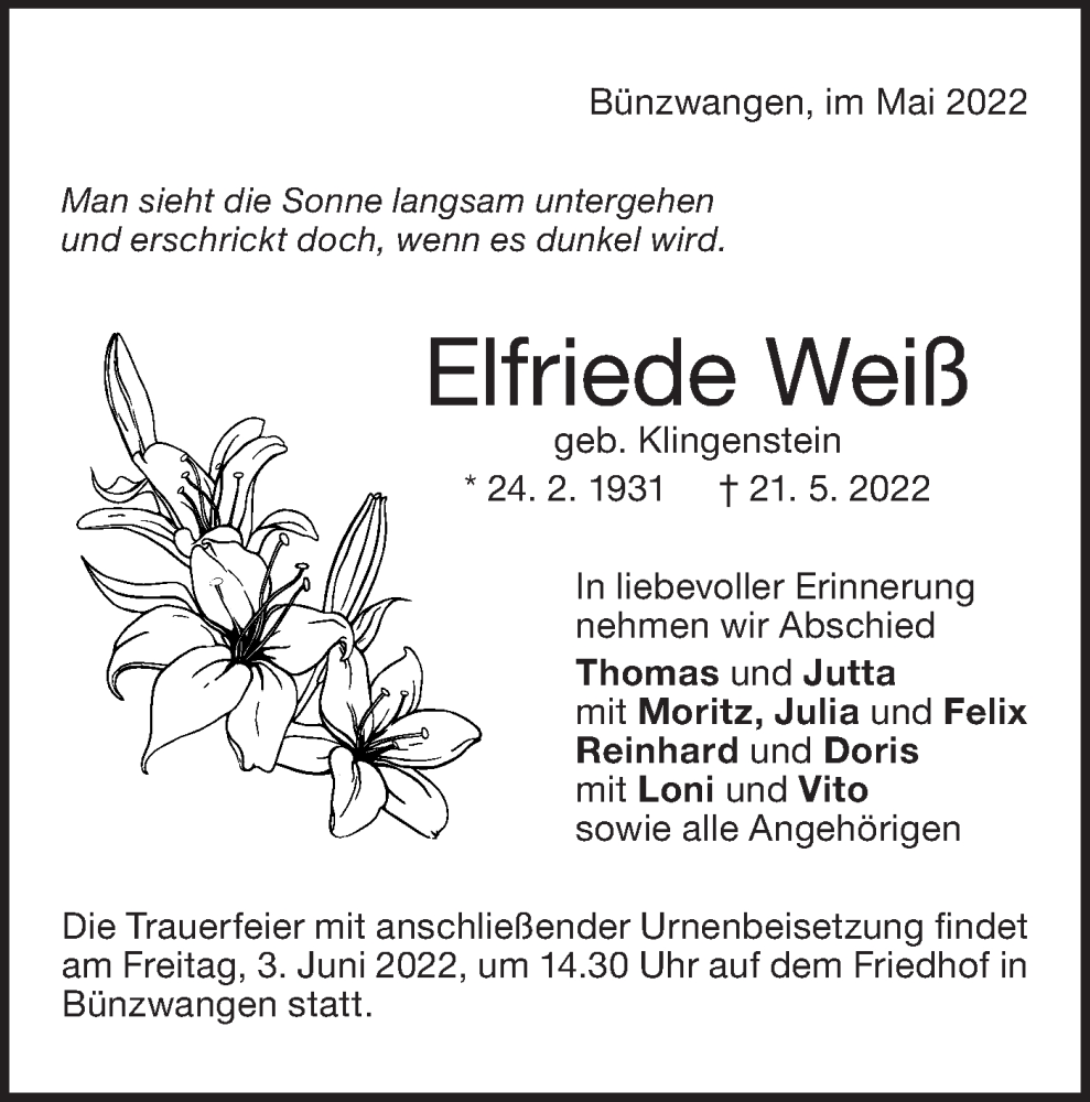  Traueranzeige für Elfriede Weiß vom 28.05.2022 aus NWZ Neue Württembergische Zeitung