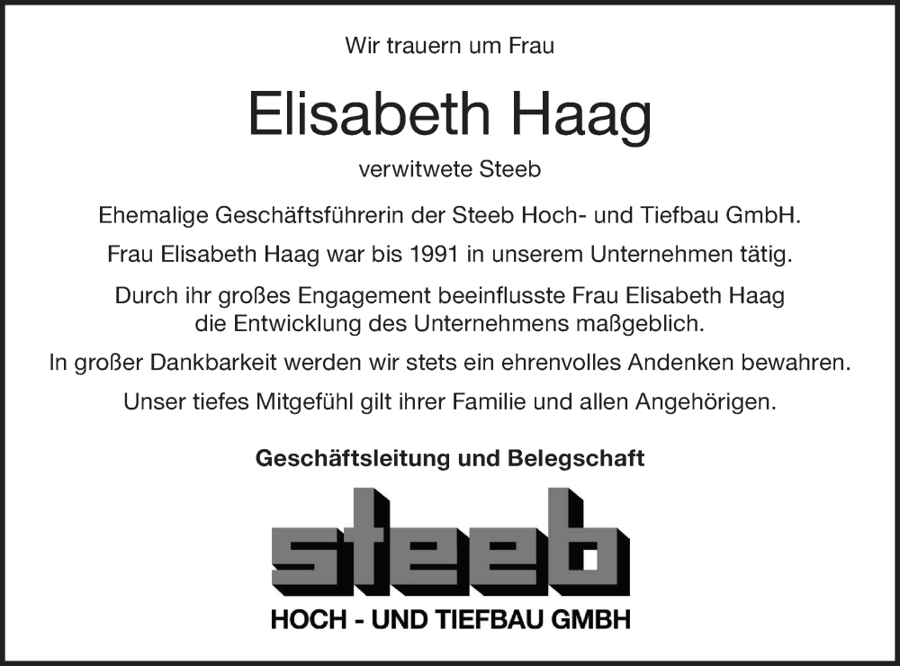  Traueranzeige für Elisabeth Haag vom 28.05.2022 aus NWZ Neue Württembergische Zeitung