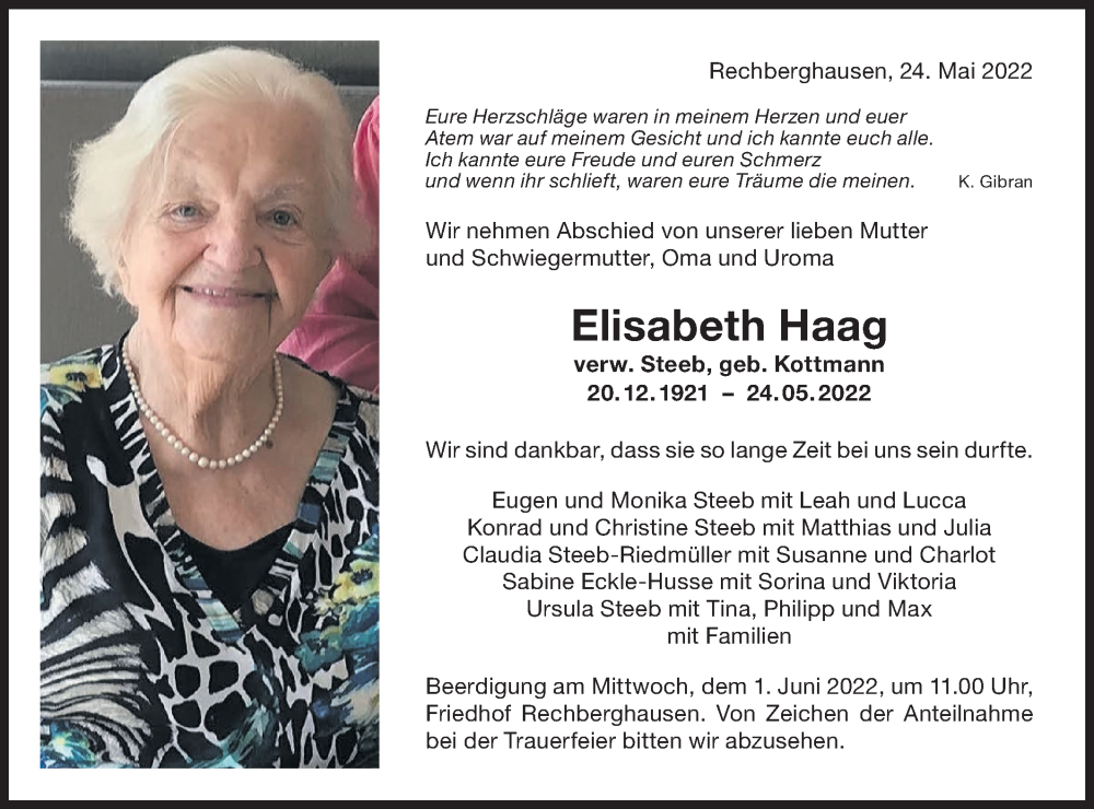  Traueranzeige für Elisabeth Haag vom 28.05.2022 aus NWZ Neue Württembergische Zeitung
