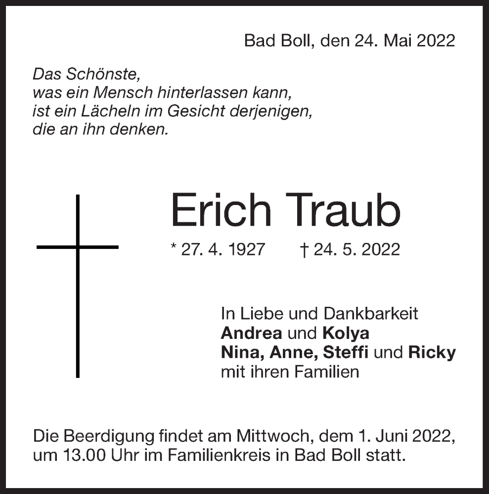  Traueranzeige für Erich Traub vom 27.05.2022 aus NWZ Neue Württembergische Zeitung