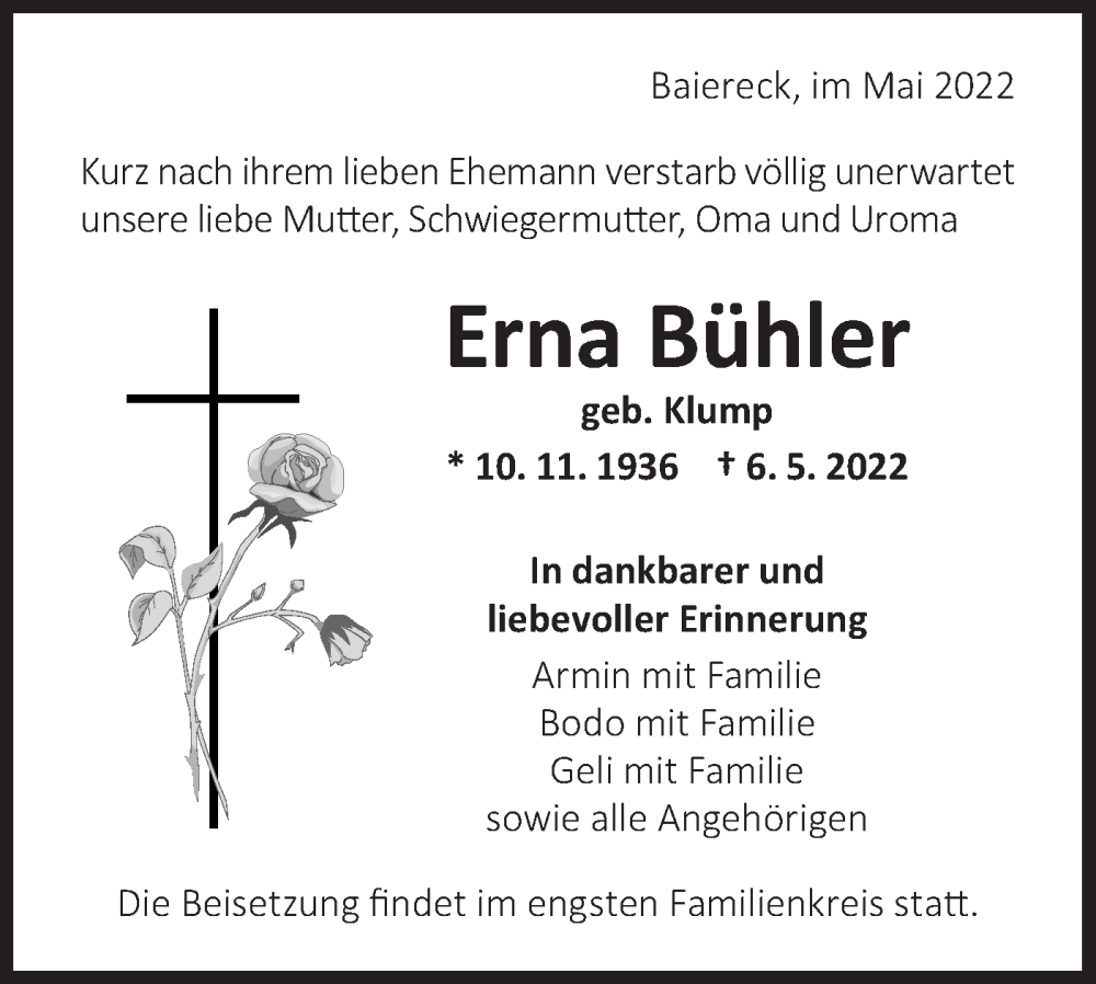  Traueranzeige für Erna Bühler vom 13.05.2022 aus NWZ Neue Württembergische Zeitung