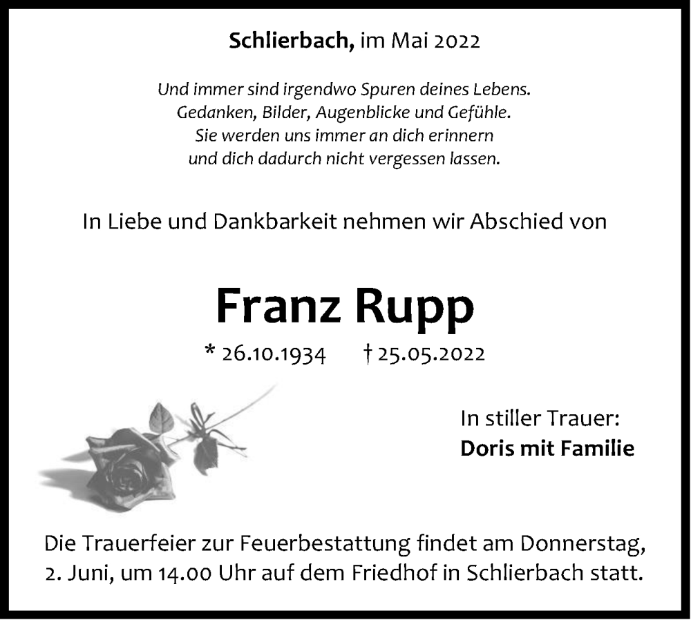 Traueranzeige für Franz Rupp vom 28.05.2022 aus NWZ Neue Württembergische Zeitung