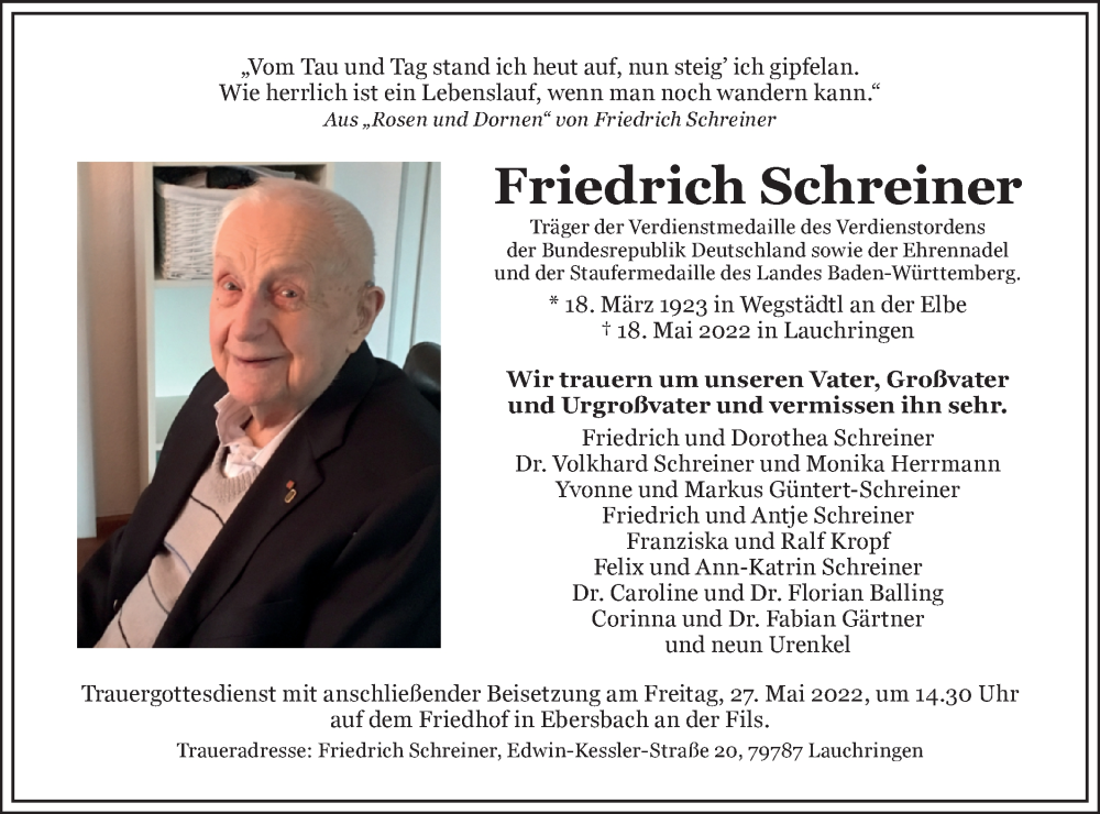  Traueranzeige für Friedrich Schreiner vom 24.05.2022 aus NWZ Neue Württembergische Zeitung