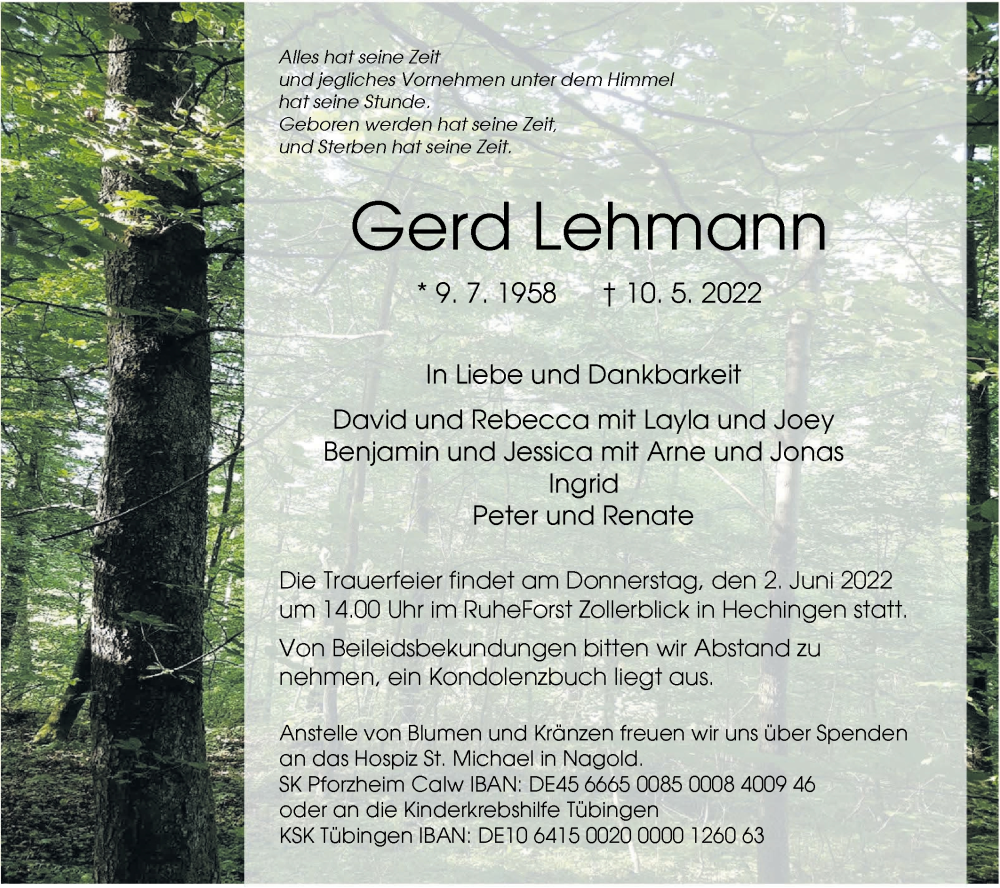 Traueranzeige für Gerd Lehmann vom 28.05.2022 aus Metzinger-Uracher Volksblatt