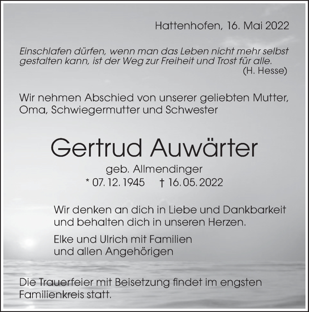  Traueranzeige für Gertrud Auwärter vom 21.05.2022 aus NWZ Neue Württembergische Zeitung