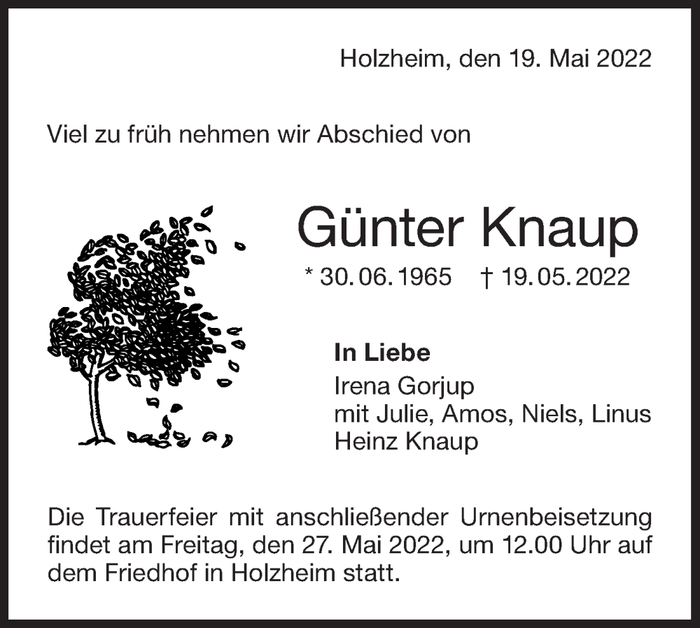  Traueranzeige für Günter Knaup vom 24.05.2022 aus NWZ Neue Württembergische Zeitung