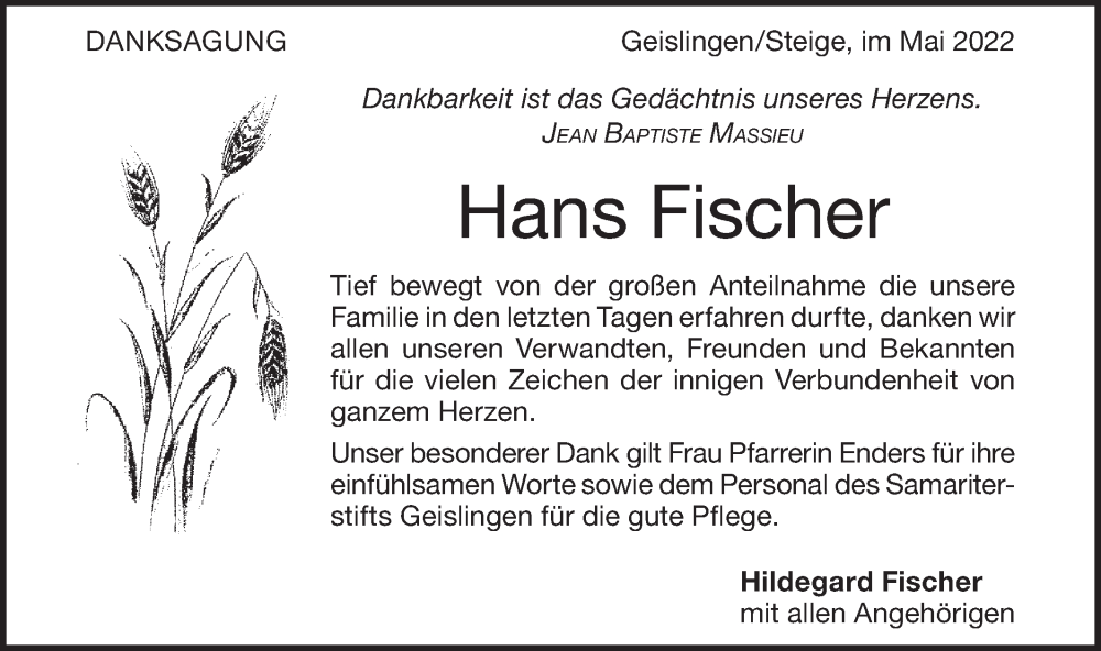  Traueranzeige für Hans Fischer vom 28.05.2022 aus Geislinger Zeitung