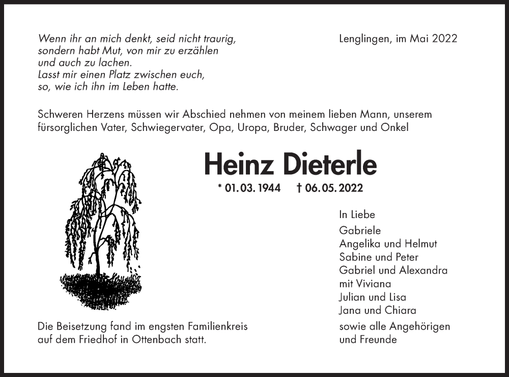  Traueranzeige für Heinz Dieterle vom 14.05.2022 aus NWZ Neue Württembergische Zeitung
