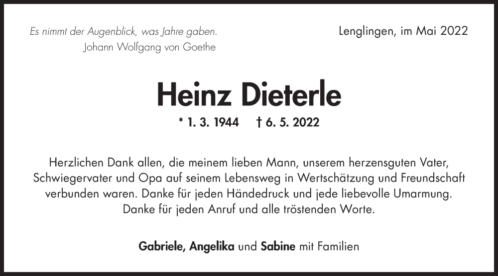  Traueranzeige für Heinz Dieterle vom 28.05.2022 aus NWZ Neue Württembergische Zeitung