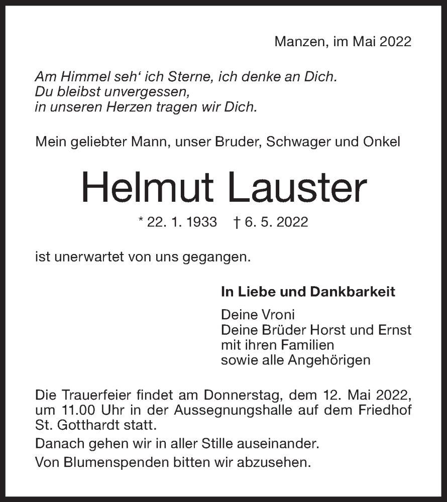  Traueranzeige für Helmut Lauster vom 10.05.2022 aus NWZ Neue Württembergische Zeitung