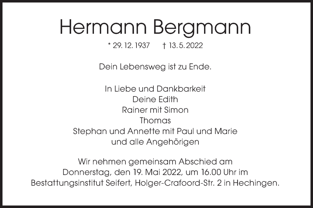  Traueranzeige für Hermann Bergmann vom 17.05.2022 aus Metzinger-Uracher Volksblatt