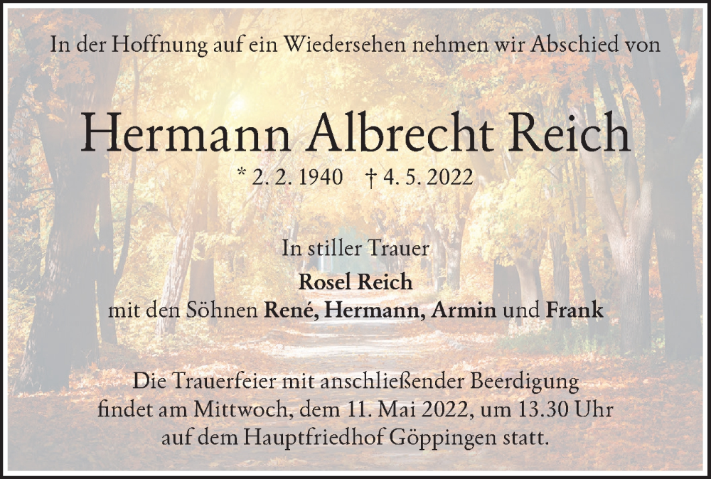  Traueranzeige für Hermann Albrecht Reich vom 10.05.2022 aus NWZ Neue Württembergische Zeitung