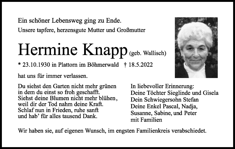  Traueranzeige für Hermine Knapp vom 28.05.2022 aus Haller Tagblatt