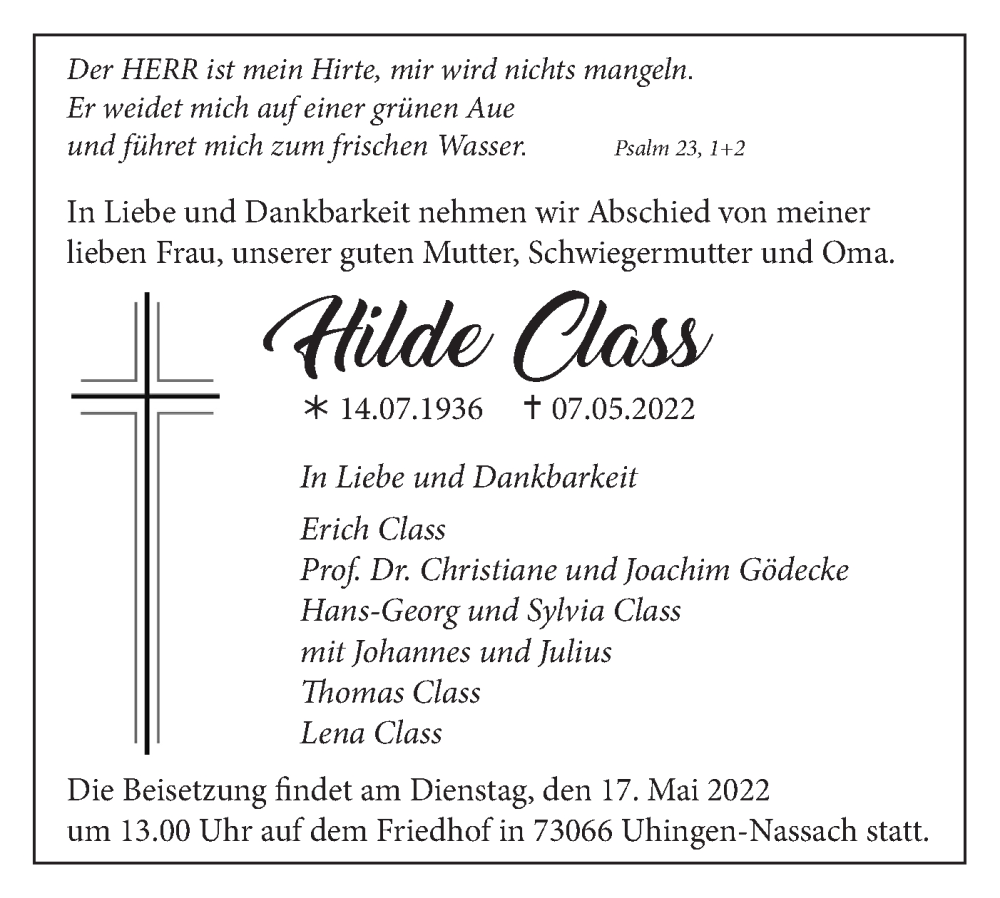  Traueranzeige für Hilde Class vom 14.05.2022 aus NWZ Neue Württembergische Zeitung