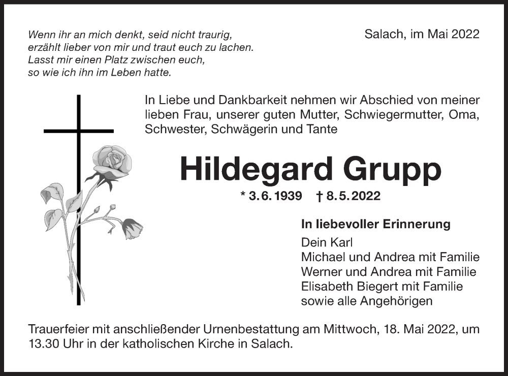  Traueranzeige für Hildegard Grupp vom 13.05.2022 aus NWZ Neue Württembergische Zeitung