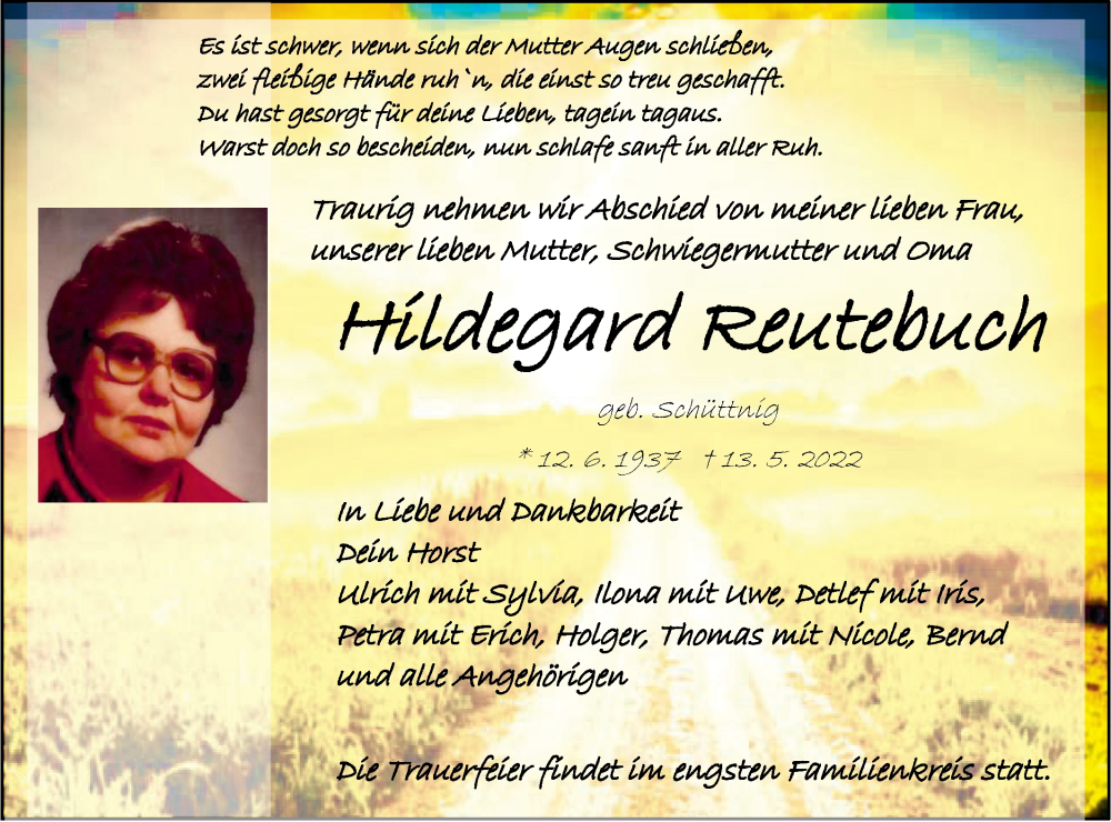  Traueranzeige für Hildegard Reutebuch vom 19.05.2022 aus Metzinger-Uracher Volksblatt